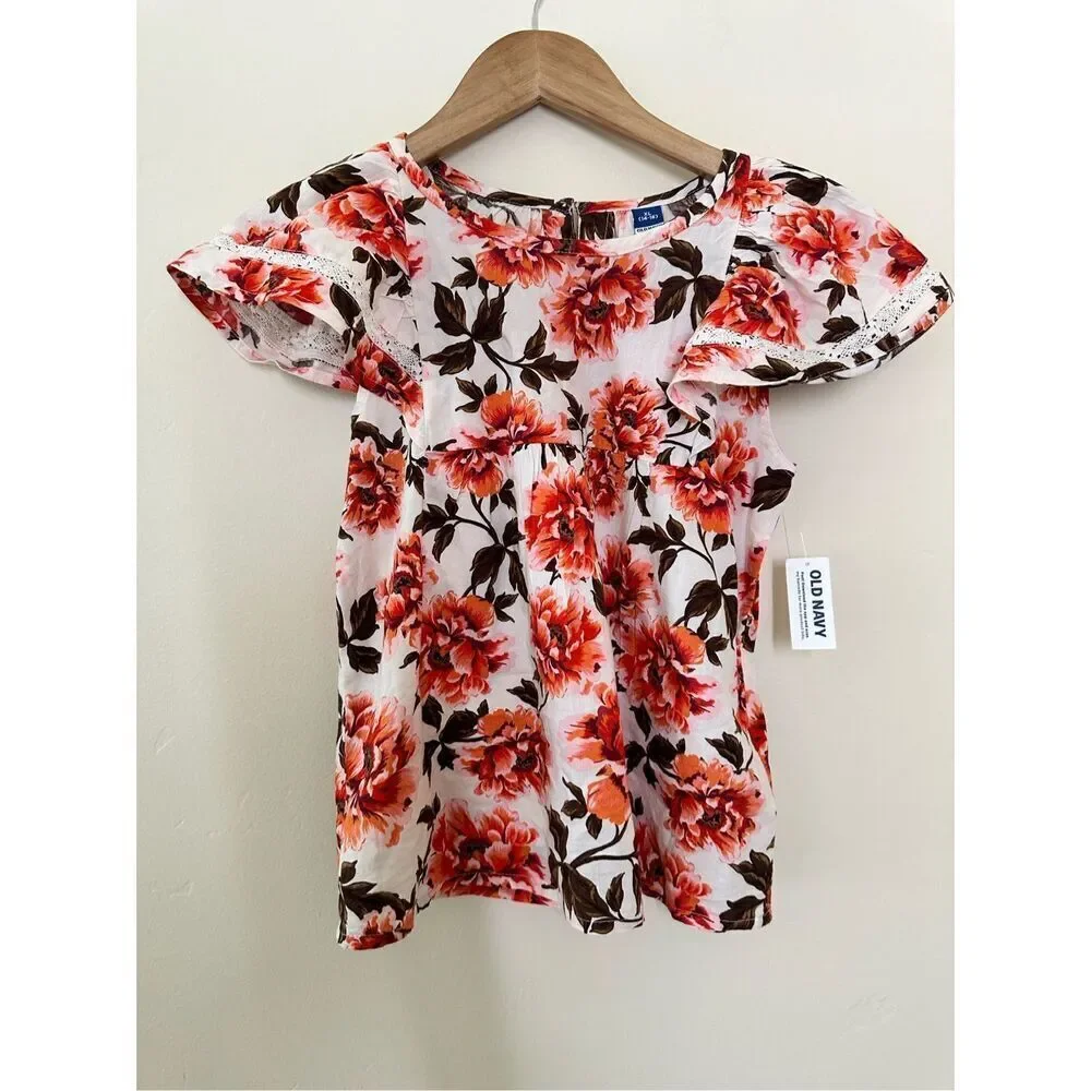 Old Navy Girls Pink and White Floral Flutter Sleeve Top Size XL 14/16